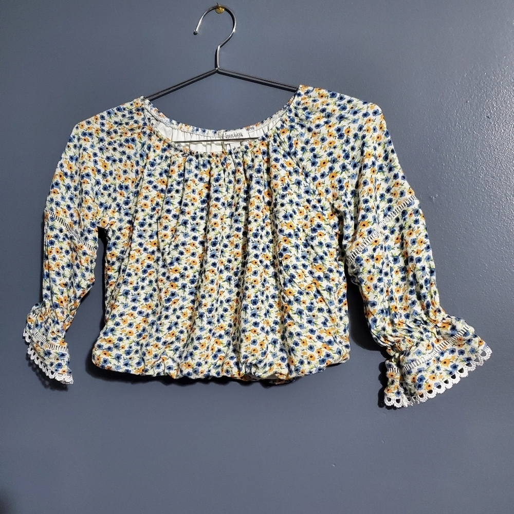 Speechless Girls White Crop Blouse Blue Yellow Flowers Floral 3/4 Sleeve Size L